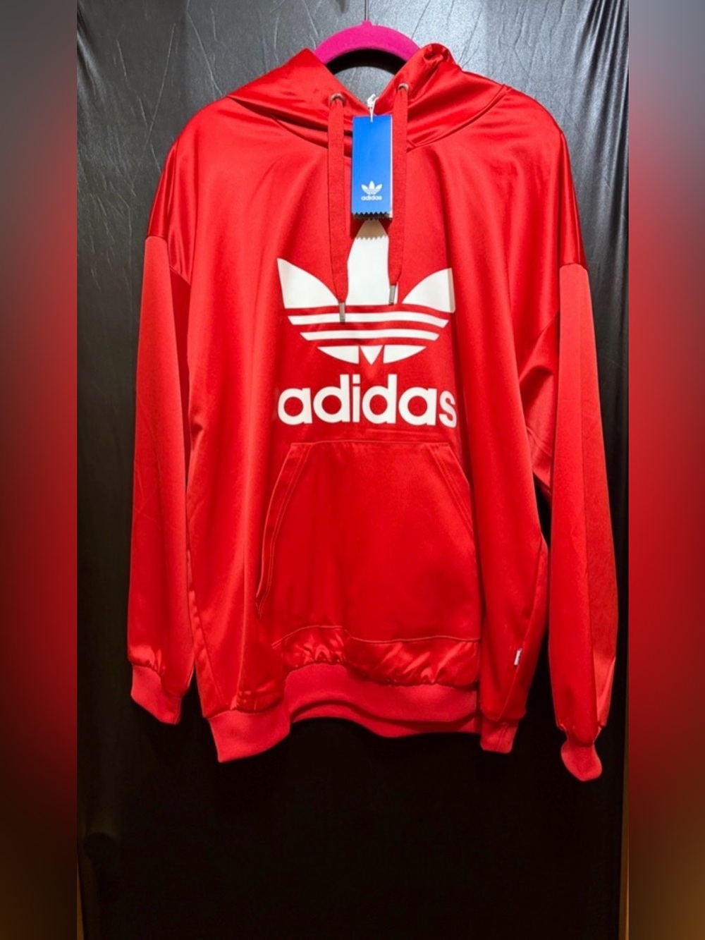 adidas Originals Satin Red Trefoil Pullover Hoodie with large White Trefoil Logo